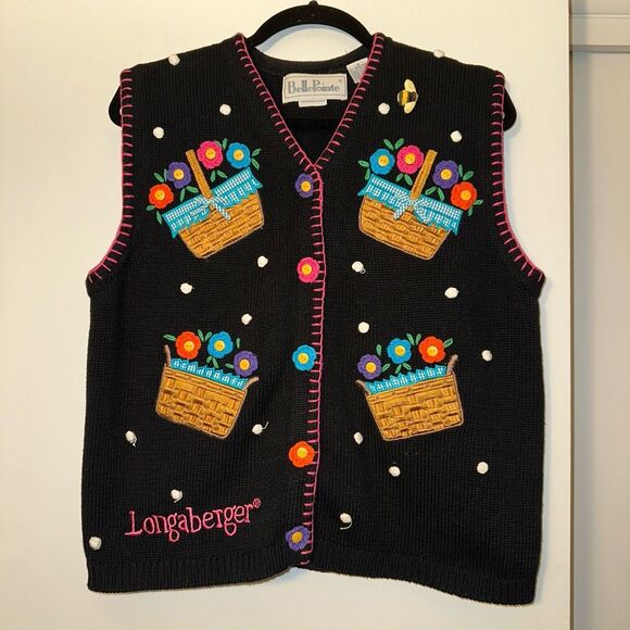 Longaberger BellePoint Vintage Small Black Pink Flower Basket Sweater Vest EUC - Picture 1 of 10